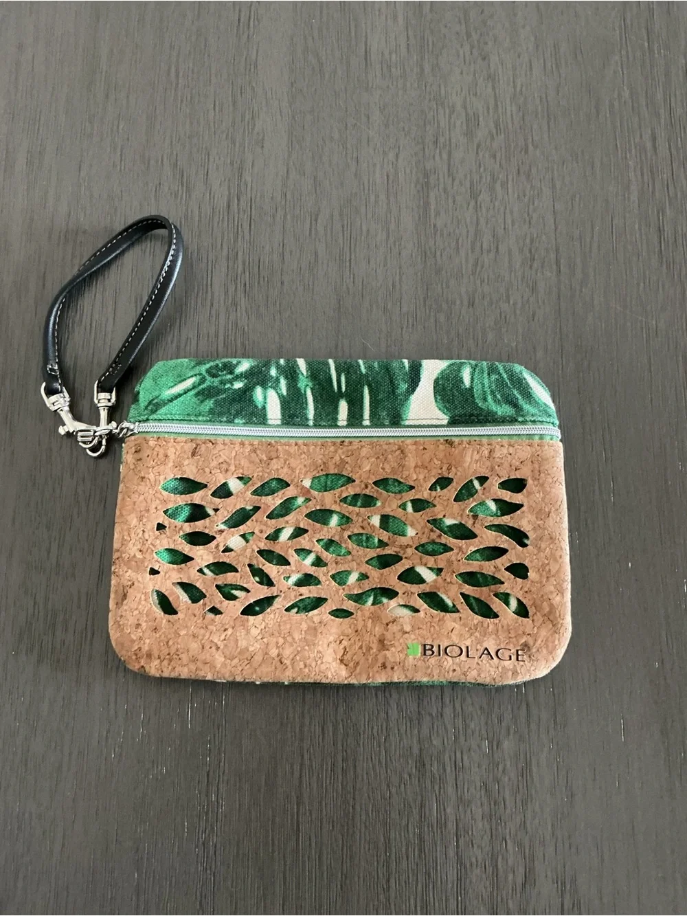 Biolage Green Tropical Leaf Cork Cutout Cosmetic Makeup Pouch Wristlet